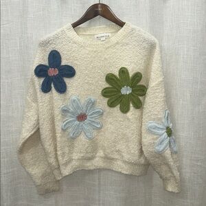 Threaded Leaf Boho Cream Sweater with Colorful Flowers Size Large